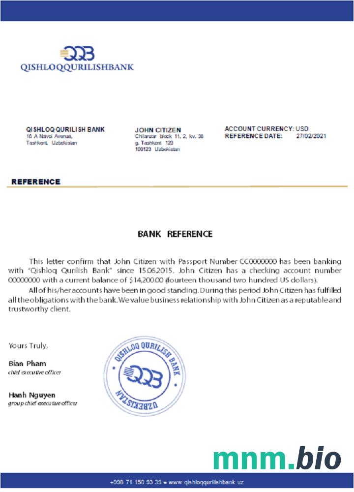 Uzbekistan Qishloq qurilish Bank przykład odniesienia w formatach Word i PDF